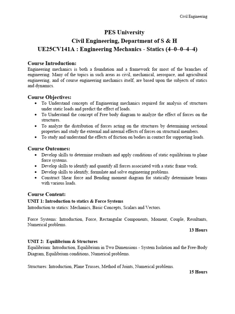 Engineering Mechanics: Statics Course Overview | PDF | Force | Bending