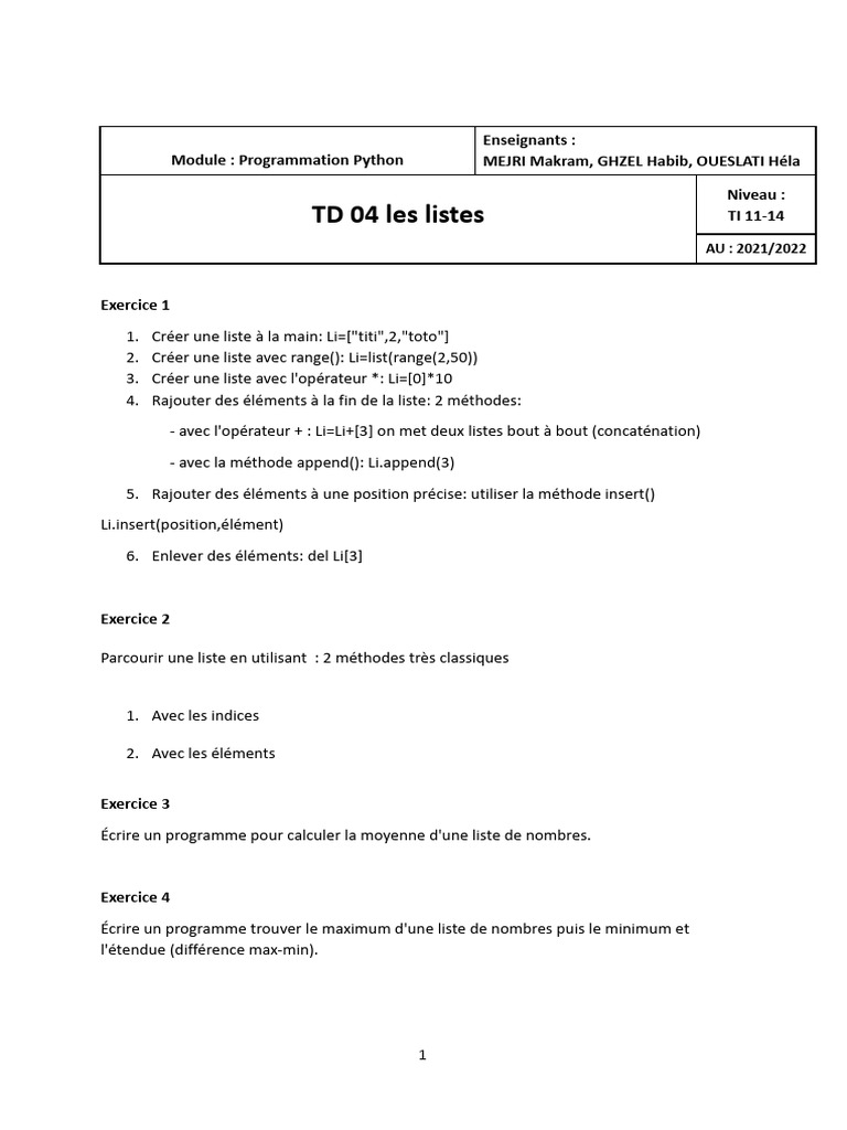 Exercices de listes en Python | PDF