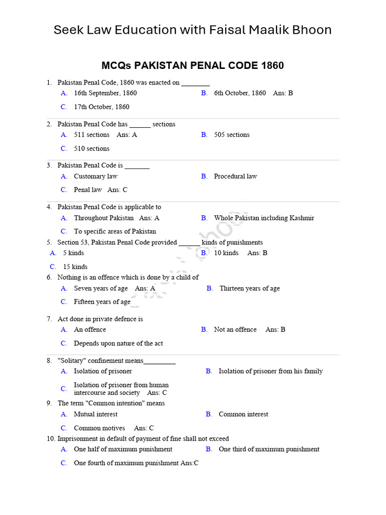 Pakistan Penal Code MCQs Guide | PDF | Kidnapping | Crimes