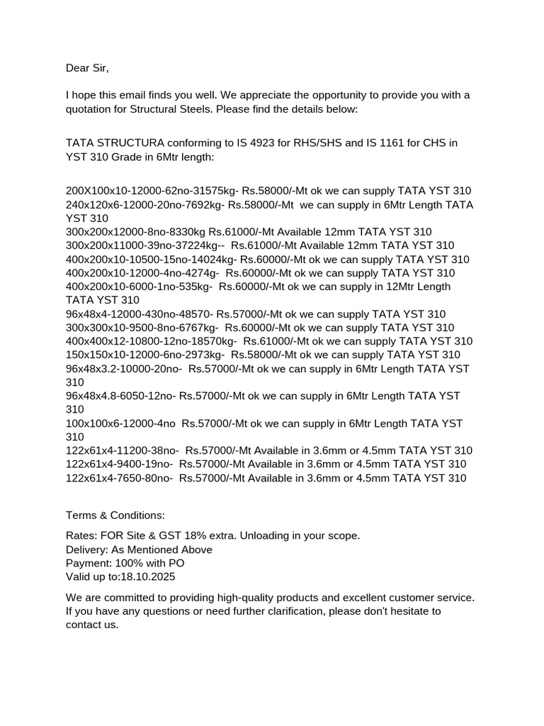 TATA YST 310 Structural Steel Quotation | PDF