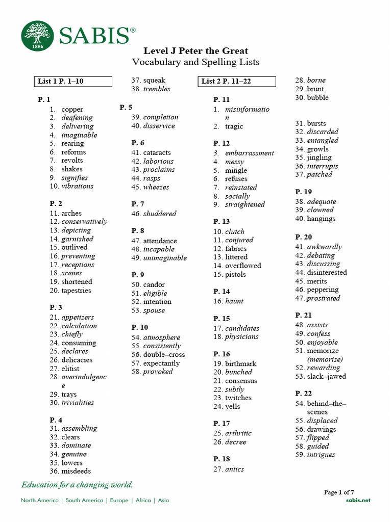 AY2526 Level J Peter The Great Vocabulary and Spelling Lists | PDF