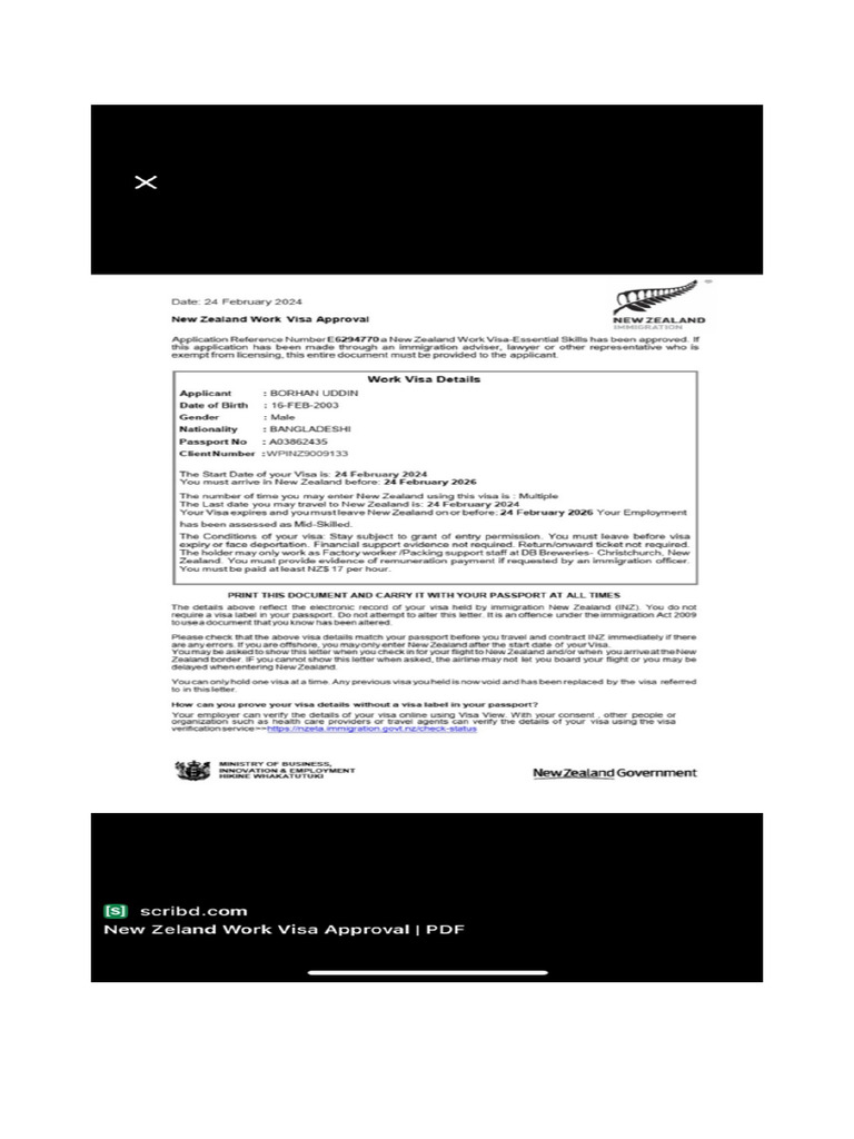 New Zealand Work Visa Sample | PDF