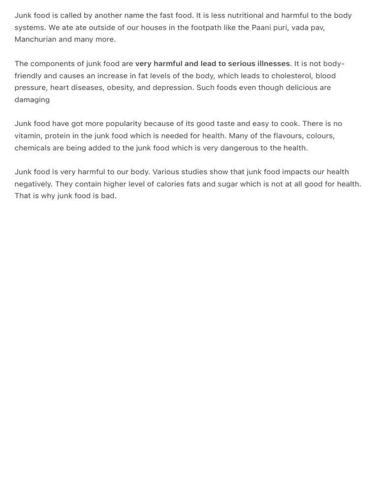 Dangers of Junk Food on Health | PDF