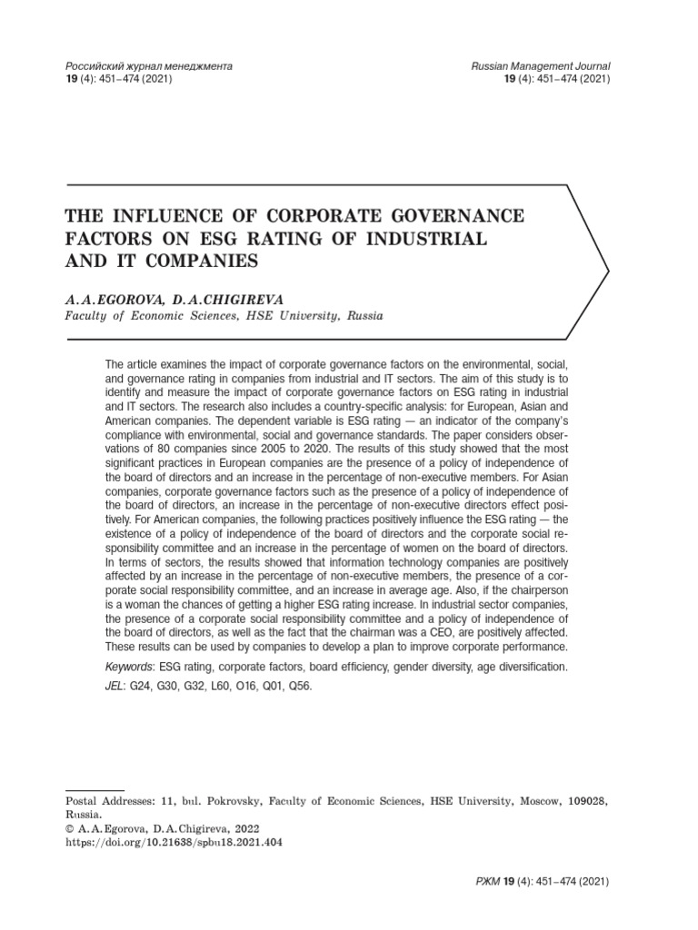 The Influence of Corporate Governance Factors On Esg Rating of ...