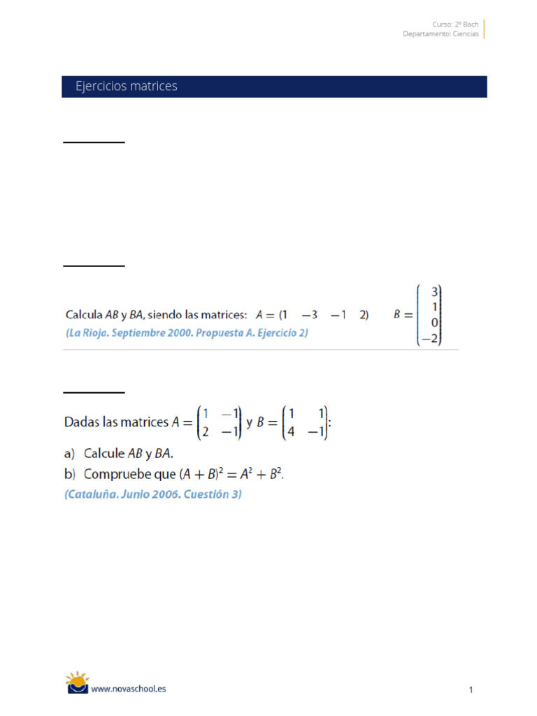 Ejercicios de Matrices para 2º Bachillerato | PDF