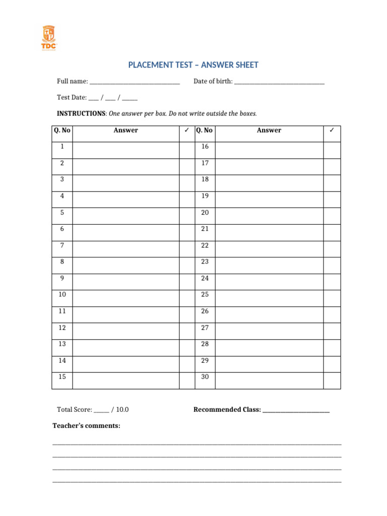 Placement Test Answer Sheet (30 Mins) | PDF