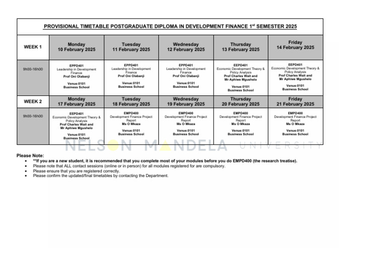 PG Dip in Development Finance Timetable Semester 1 2024 | PDF ...