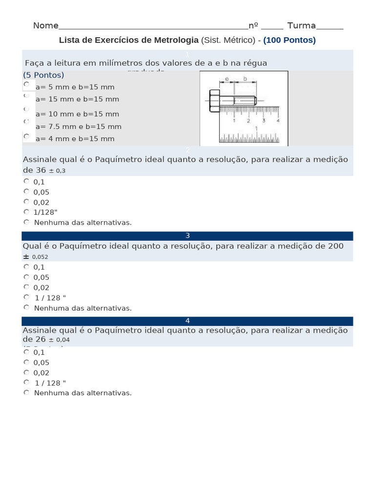 Exercícios de Metrologia e Paquímetro | PDF | Duração