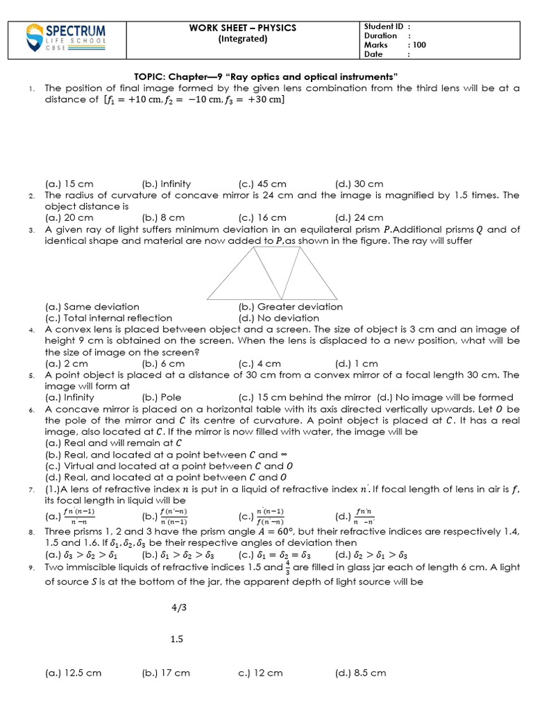 Ray Optics and Optical Instruments Quiz | PDF | Mirror | Applied And ...