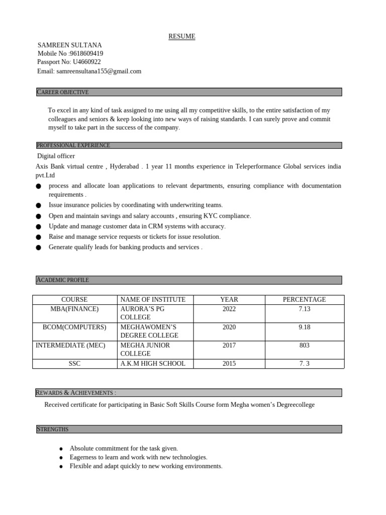 Resume of Samreen Sultana - Digital Officer | PDF