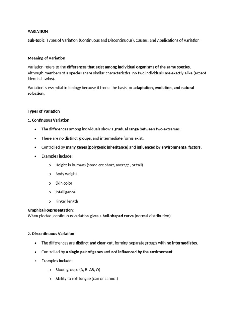Types and Causes of Biological Variation | PDF | Genetic Variation ...
