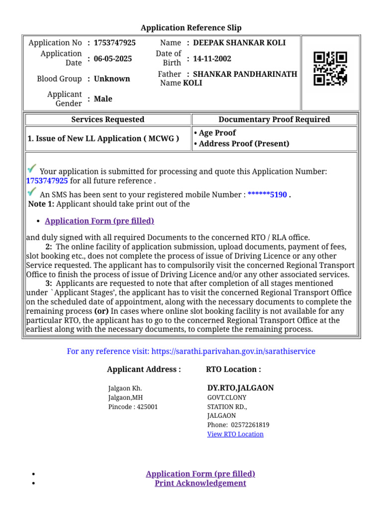 Driving Licence Application Slip | PDF | Road Transport | Land Transport