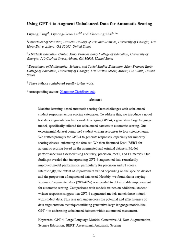 Using GPT-4 To Augment Unbalanced Data For Automatic Scoring | PDF ...