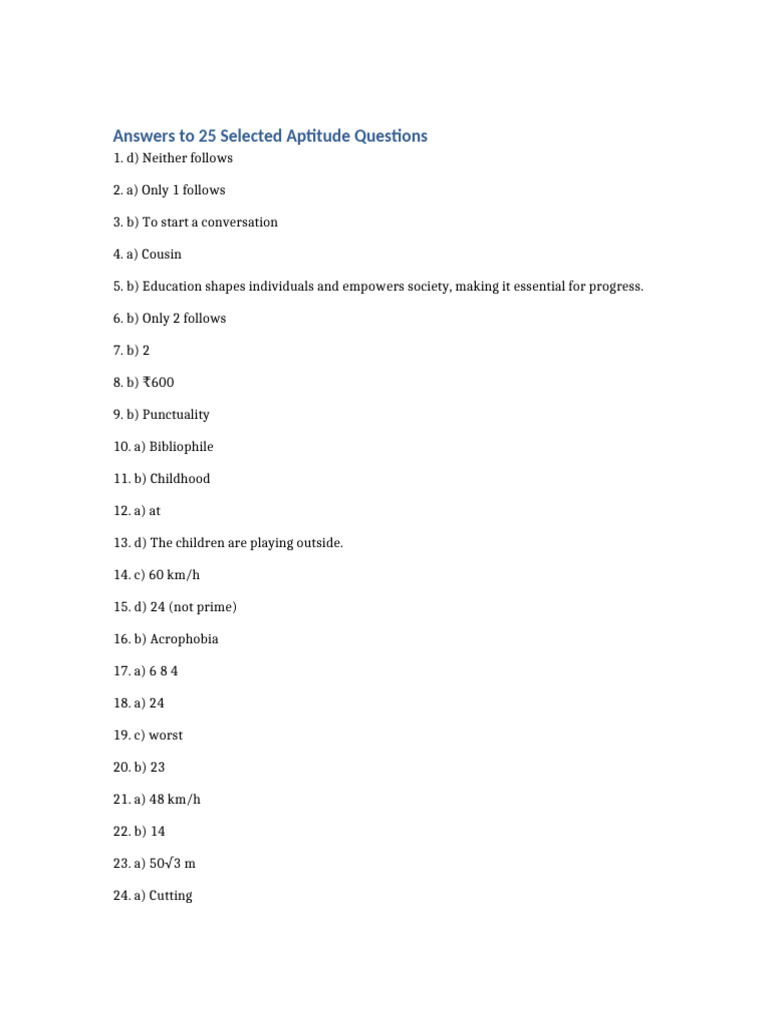 Answers To 25 Selected Questions | PDF