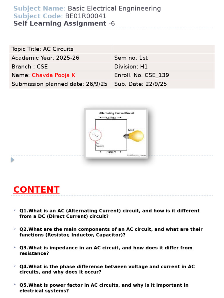 Self Learning Assignment 6 AC Circuit | PDF | Electrical Impedance ...