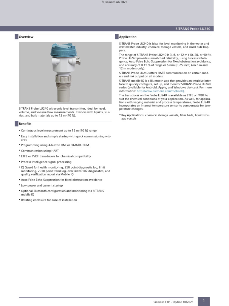 SITRANS Probe LU240 Ultrasonic Level Transmitter | PDF
