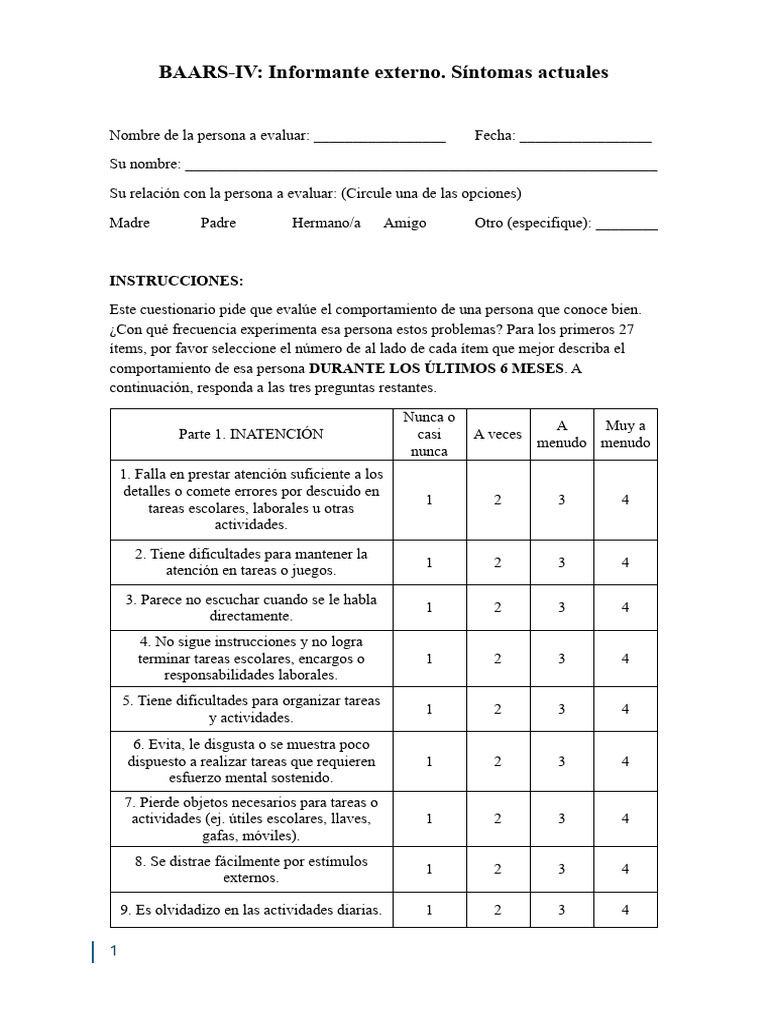 Evaluación de Síntomas BAARS-IV | PDF | Cuestionario