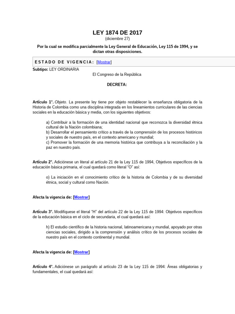 Modificación Ley 1874 de Educación en Colombia | PDF | Educación ...
