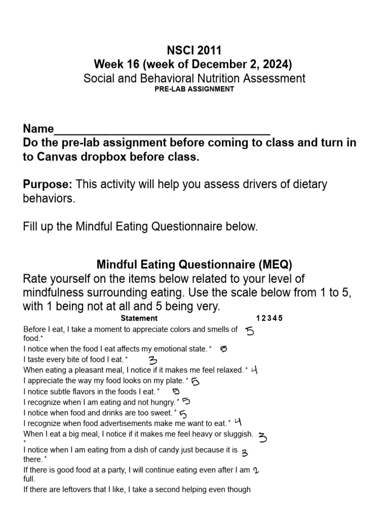 Mindful Eating Questionnaire for Assessment | PDF | Nutrition | Diet ...