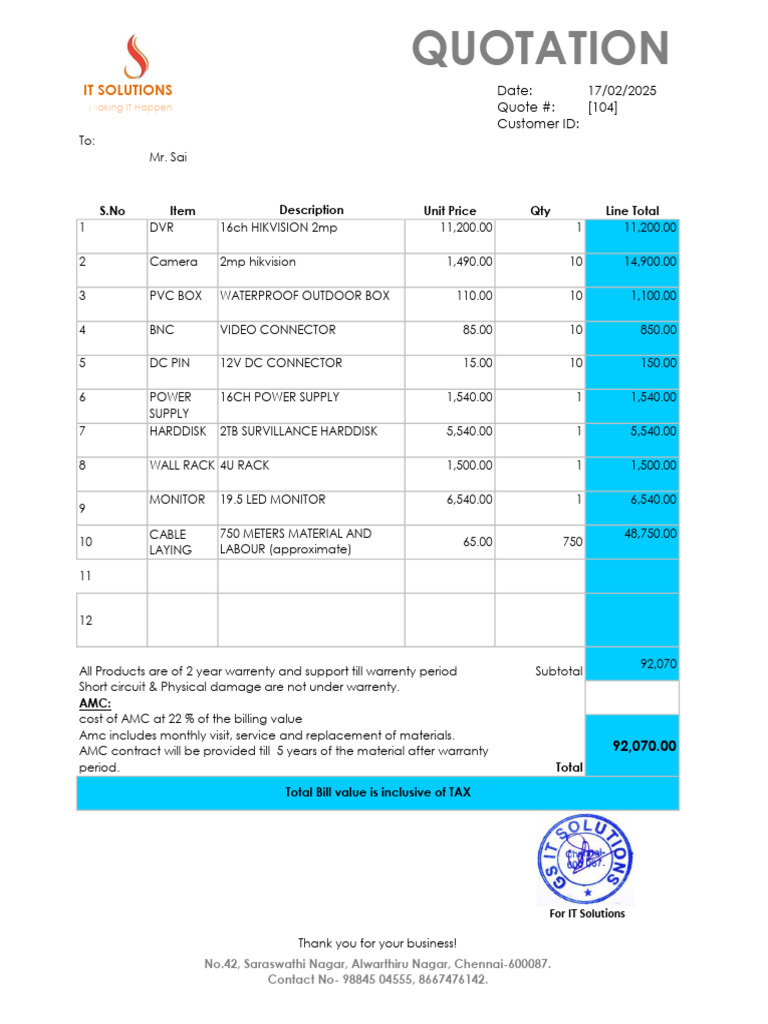 IT Solutions Quotation for Surveillance Equipment | PDF | Manufactured ...