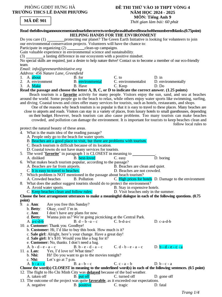 English Test Paper for Grade 9 | PDF | Tourism