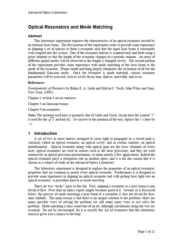 Mode Matching and Resonators | PDF | Laser | Optics