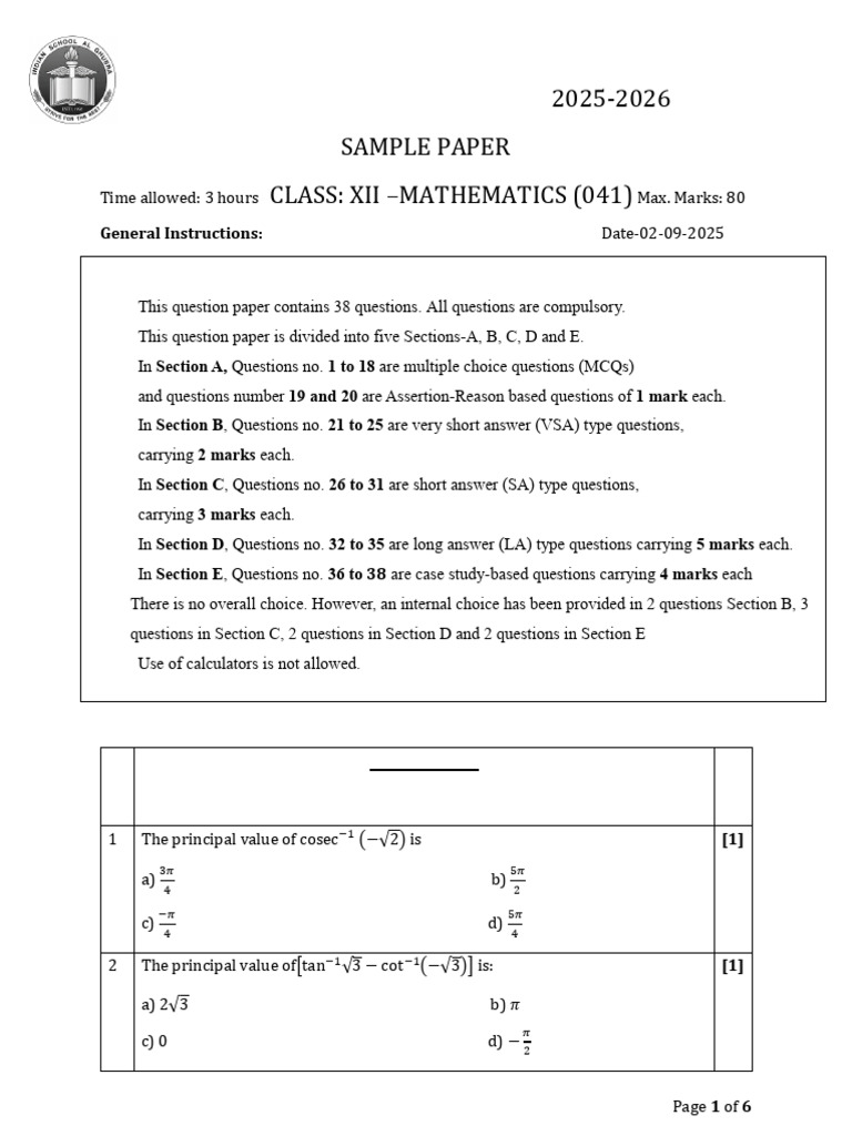 Class XII Mathematics Sample Paper 2025 | PDF | Mathematical Analysis ...
