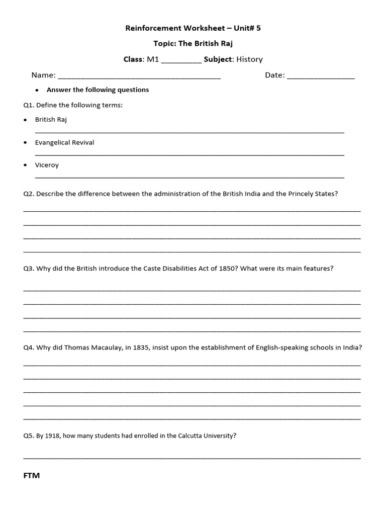 British Raj History Worksheet for M1 | PDF