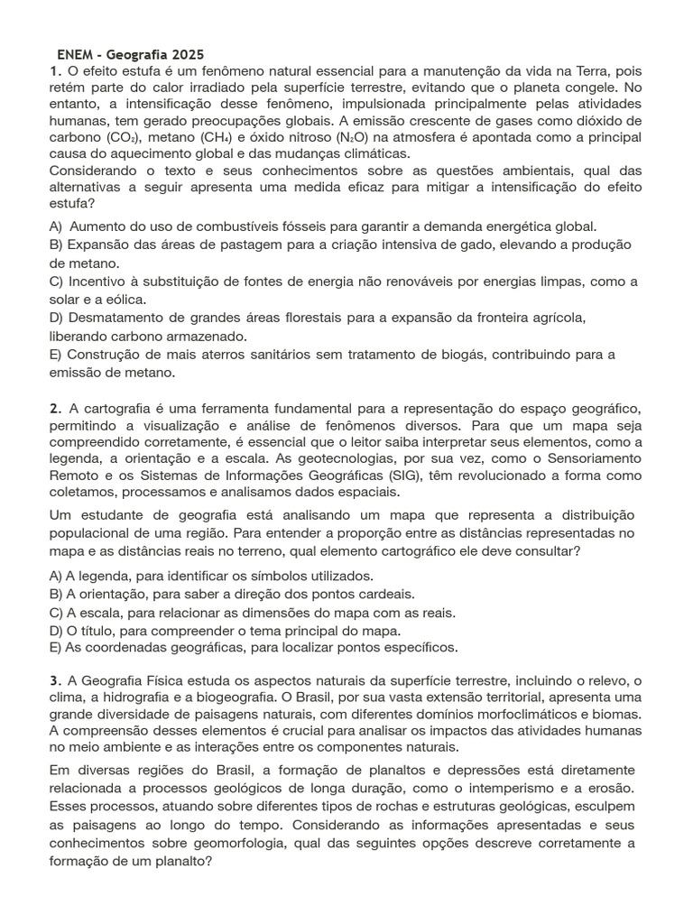 Questões de Geografia para ENEM 2025 | PDF | Geografia | Reforma agrária