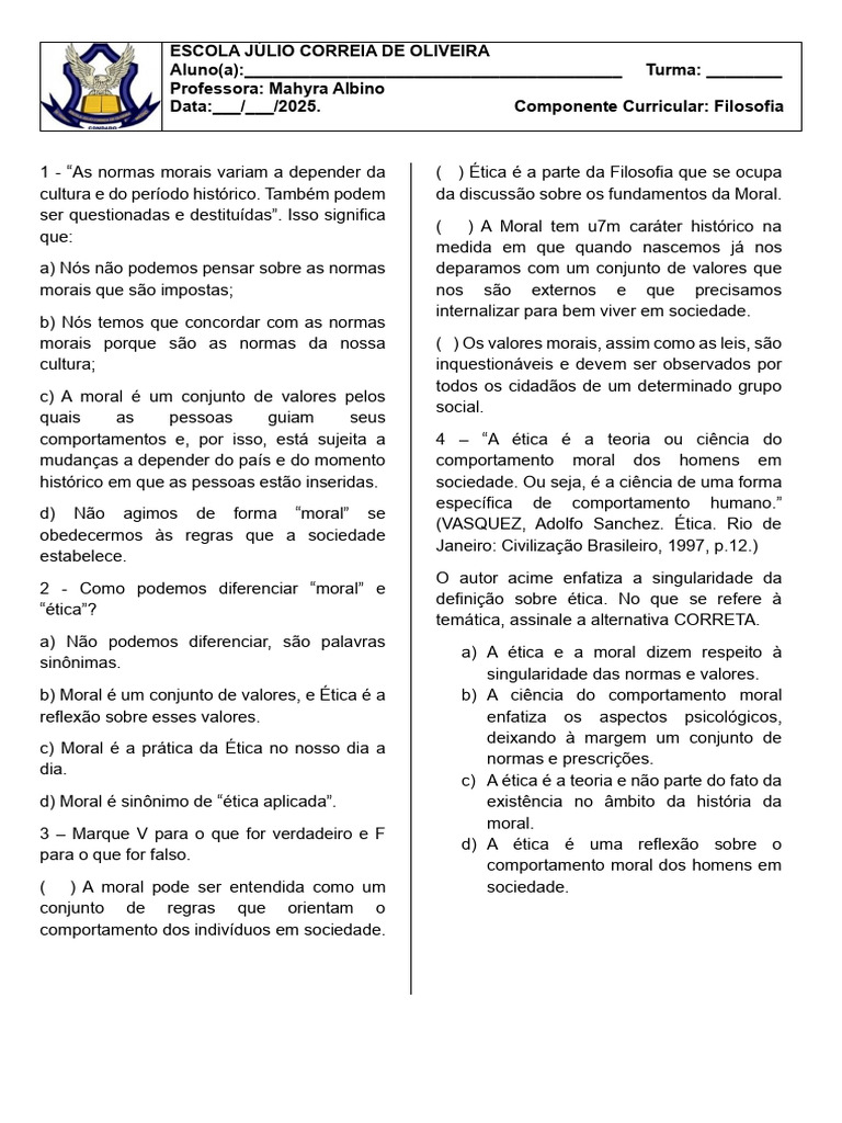 Exercícios sobre Ética e Moral na Filosofia | PDF | Moralidade ...