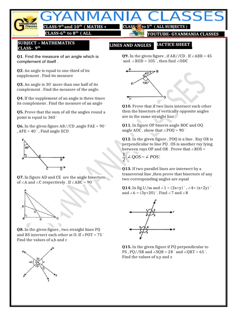 Class 9 Lines and Angles Worksheet | PDF | Angle | Trigonometry