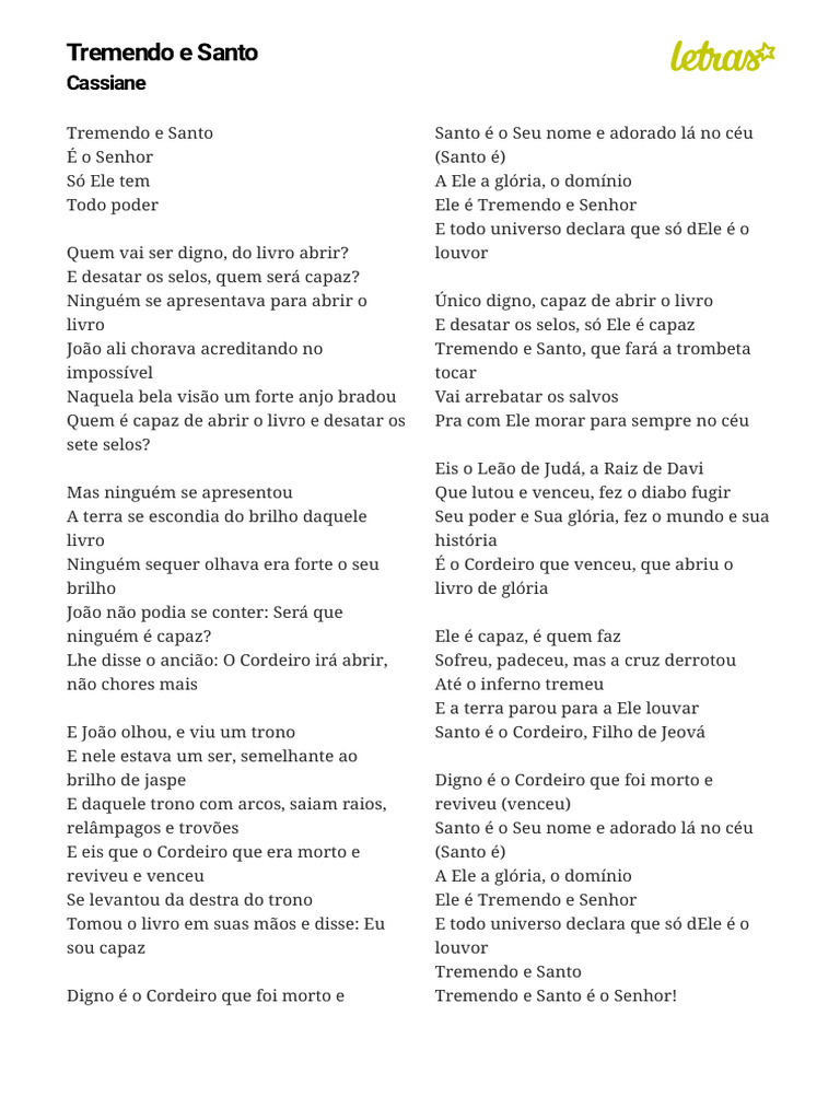 Tremendo e Santo: Louvor ao Cordeiro | PDF | Crença e doutrina religiosa
