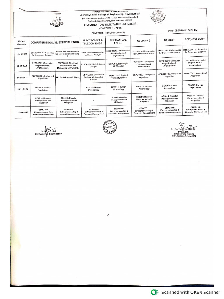 Examination Time Table Regular & KT - Autonomous | PDF