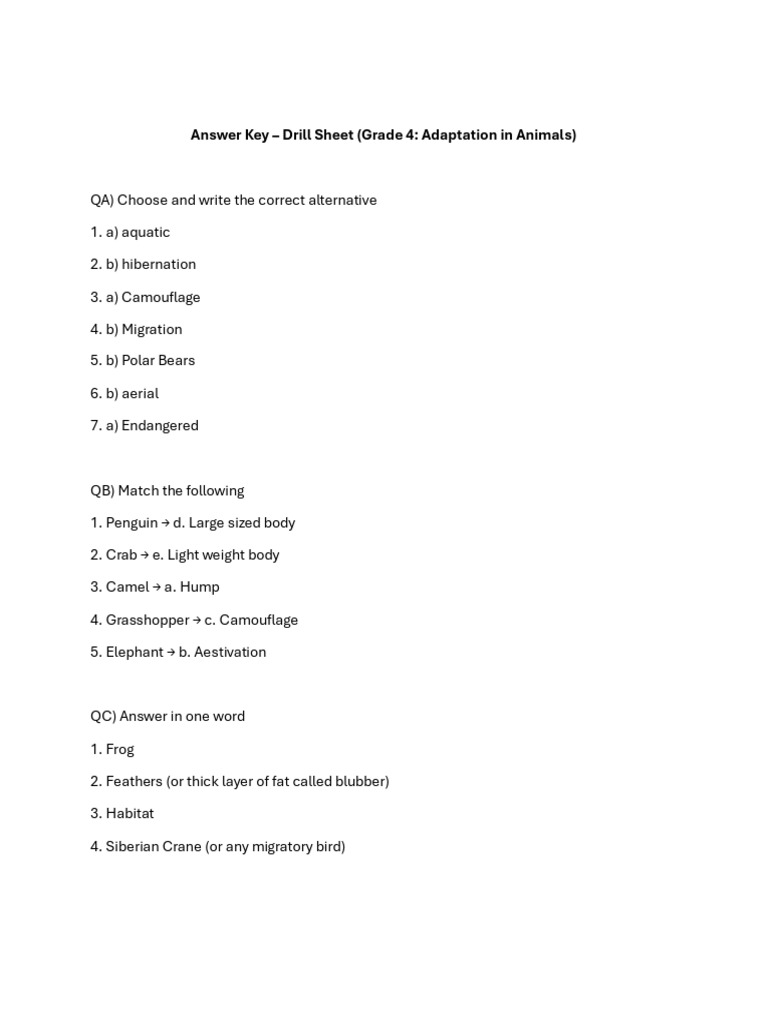 Answer Key Adaptation in Animals | PDF | Amphibian | Frog