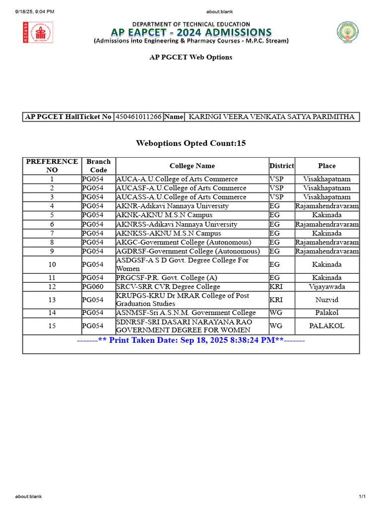 AP PGCET Web Options List 2025 | PDF