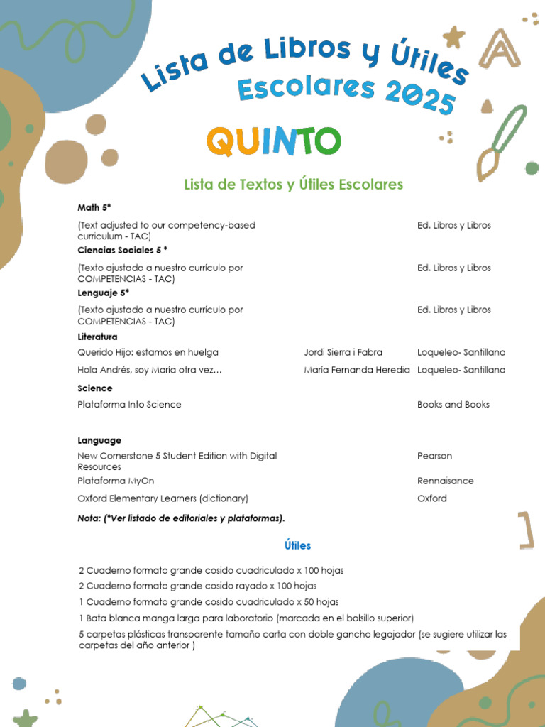 Lista de Textos y Utiles Escolares - Grado Quinto 2025 | PDF