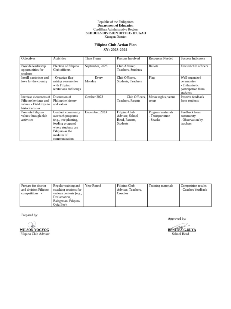 Filipino Club Action Plan | PDF