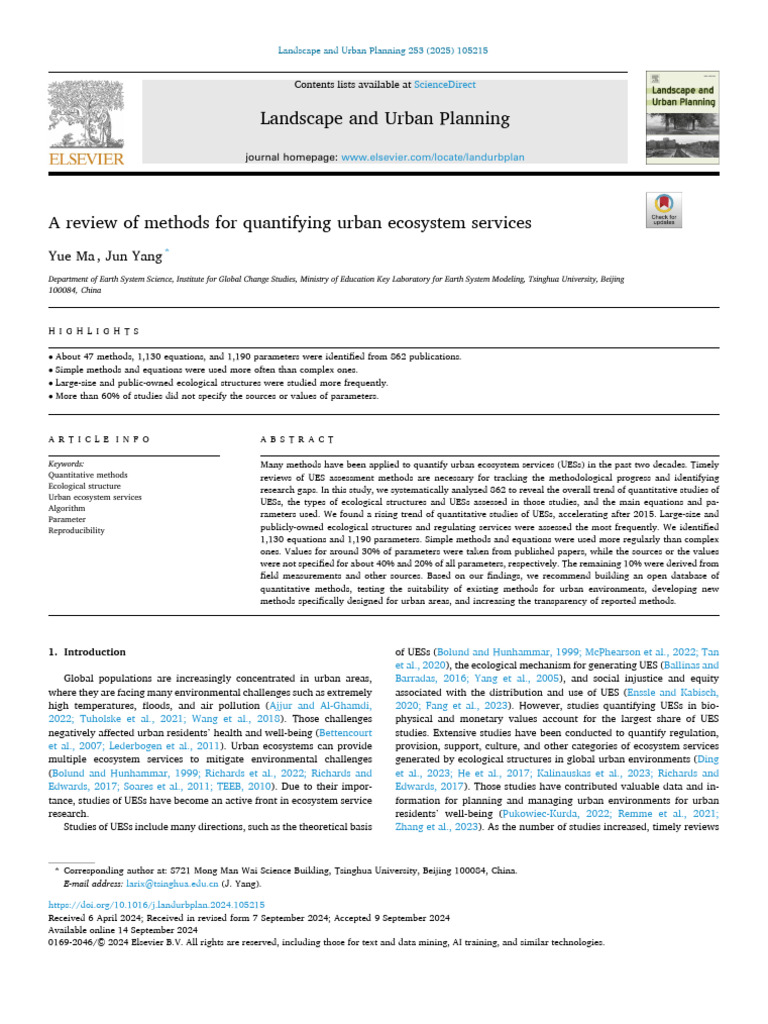 A Review of Methods For Quantifying Urban Ecosystem Services | PDF ...
