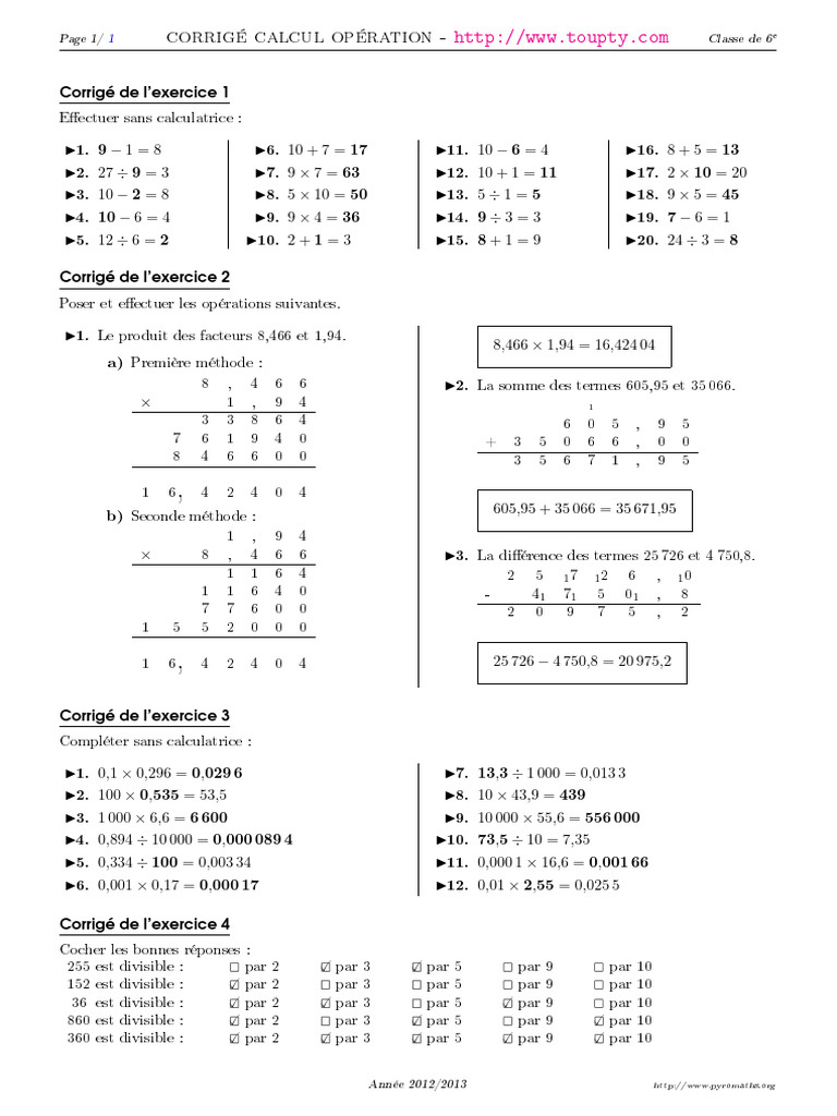 Corrigé d'opérations mathématiques 6e | PDF