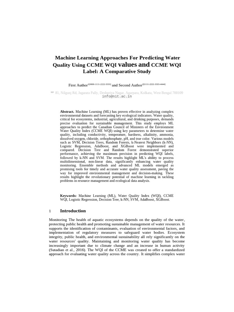 ML Techniques for CCME WQI Prediction | PDF | Machine Learning | Water ...