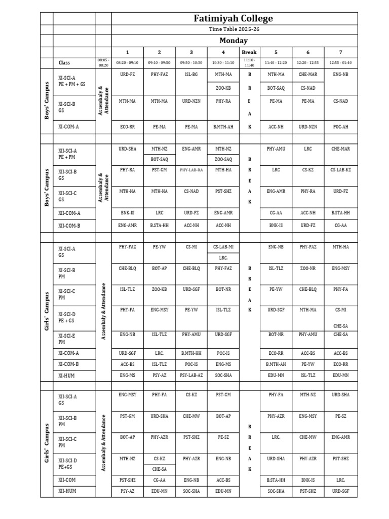 Fatimiyah College 2025-26 Timetable | PDF