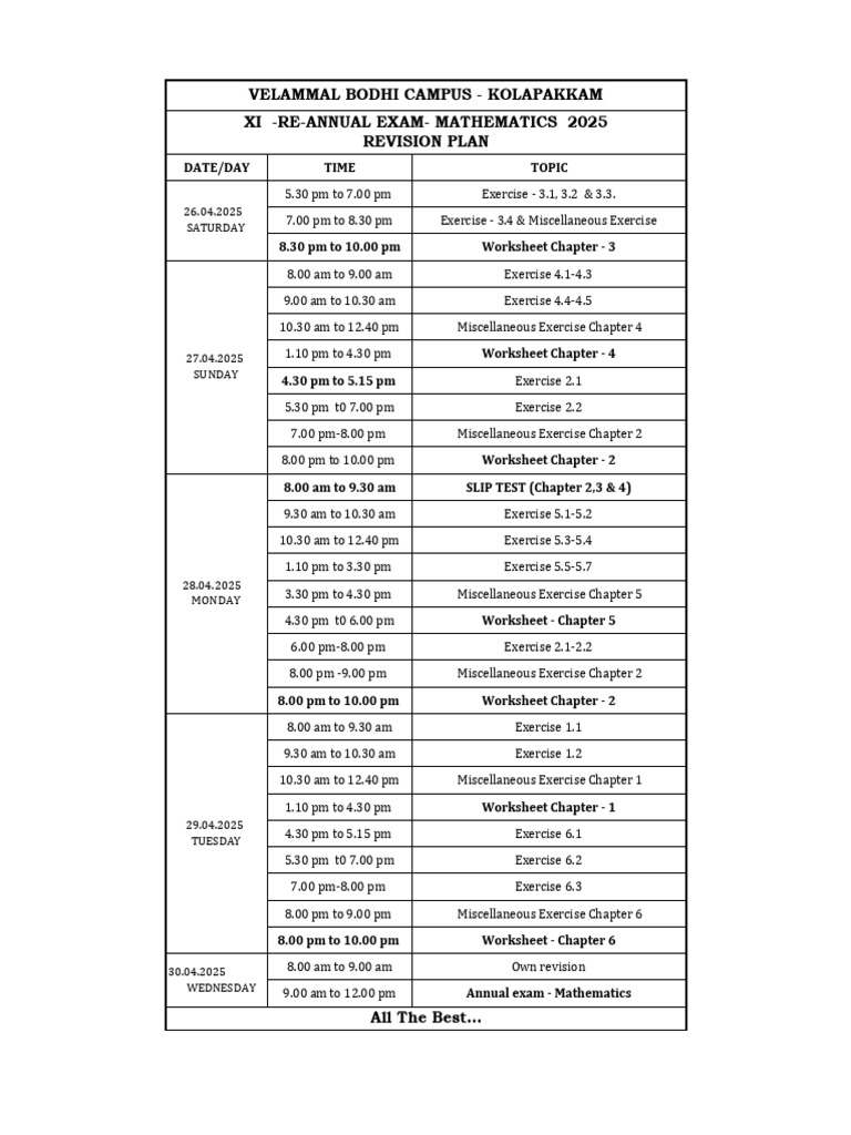 Mathematics Revision Schedule 2025 | PDF