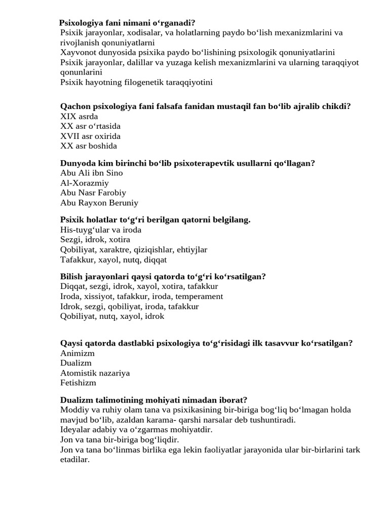 Umumiy Psixologiya Test - 2024 (200 Ta) | PDF