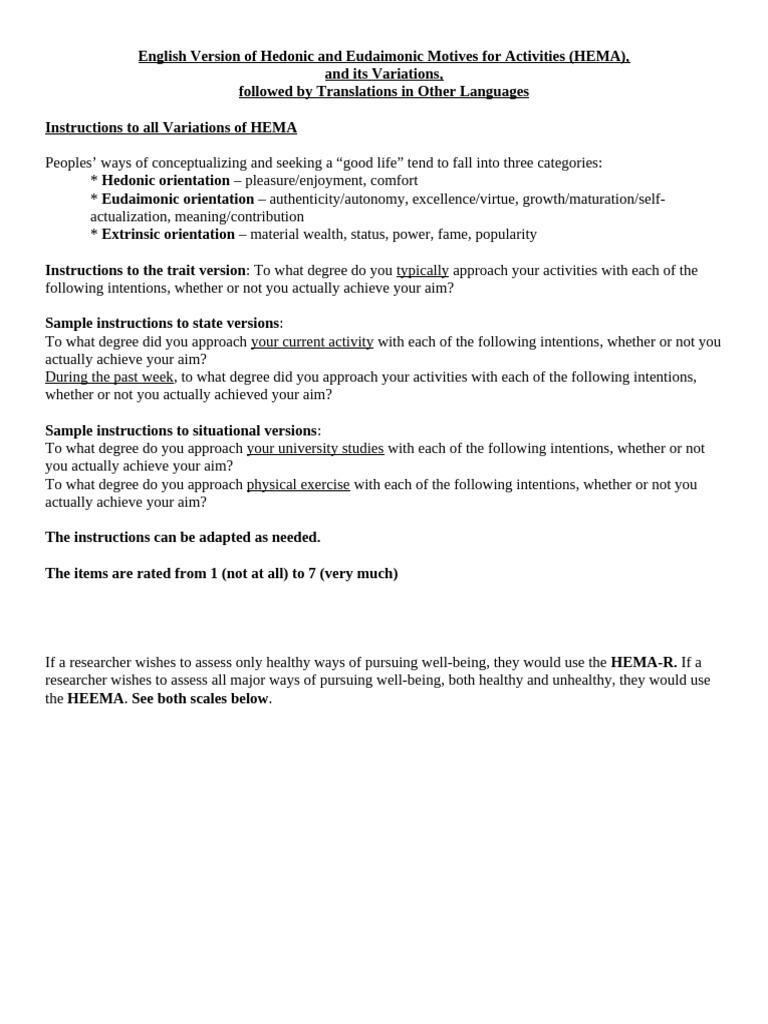 HEMA: Hedonic & Eudaimonic Motives Guide | PDF | Well Being | Pleasure
