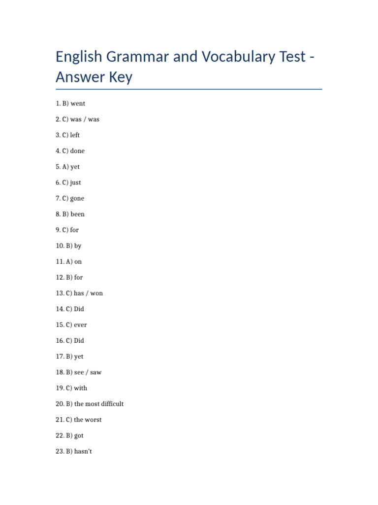 English Grammar Test Answer Key | PDF