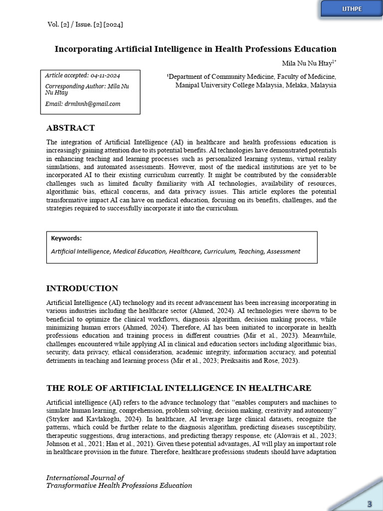 Incorporating Artificial Intelligence In Health Professions Education