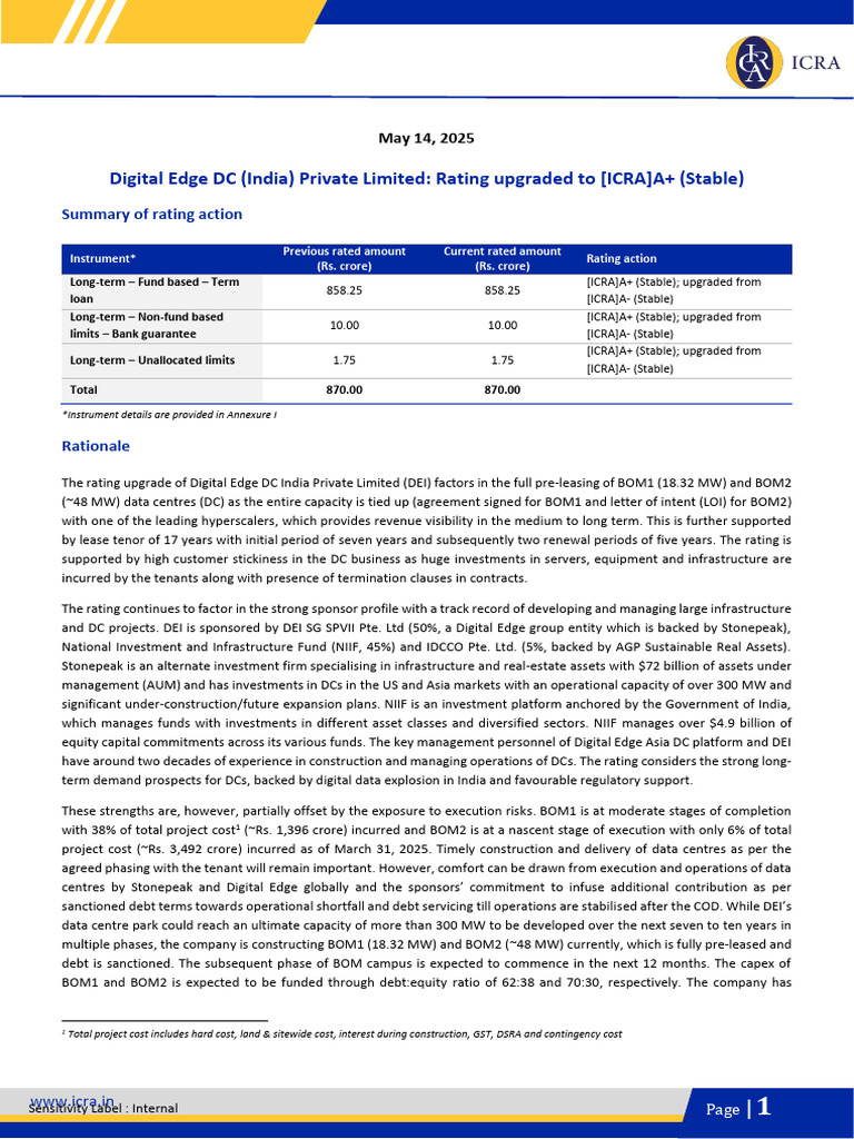 Digital Edge DC India Rating Upgrade to A+ | PDF | Debt | Leverage ...