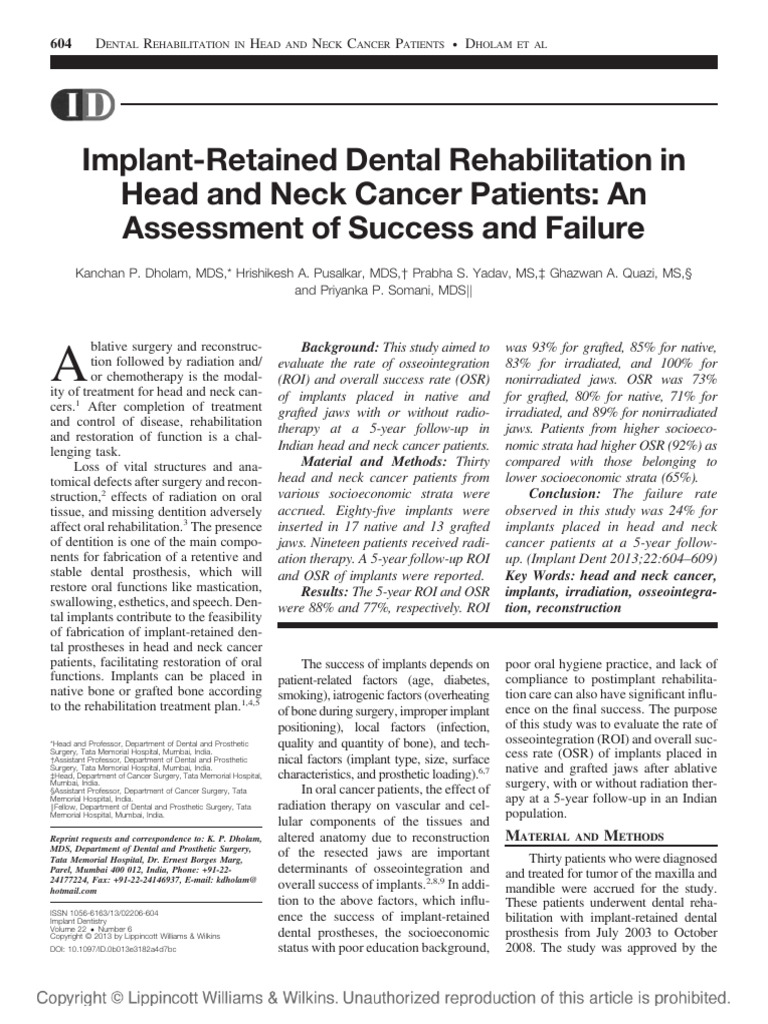 Success of Implants in Cancer Patients | PDF | Dental Implant ...