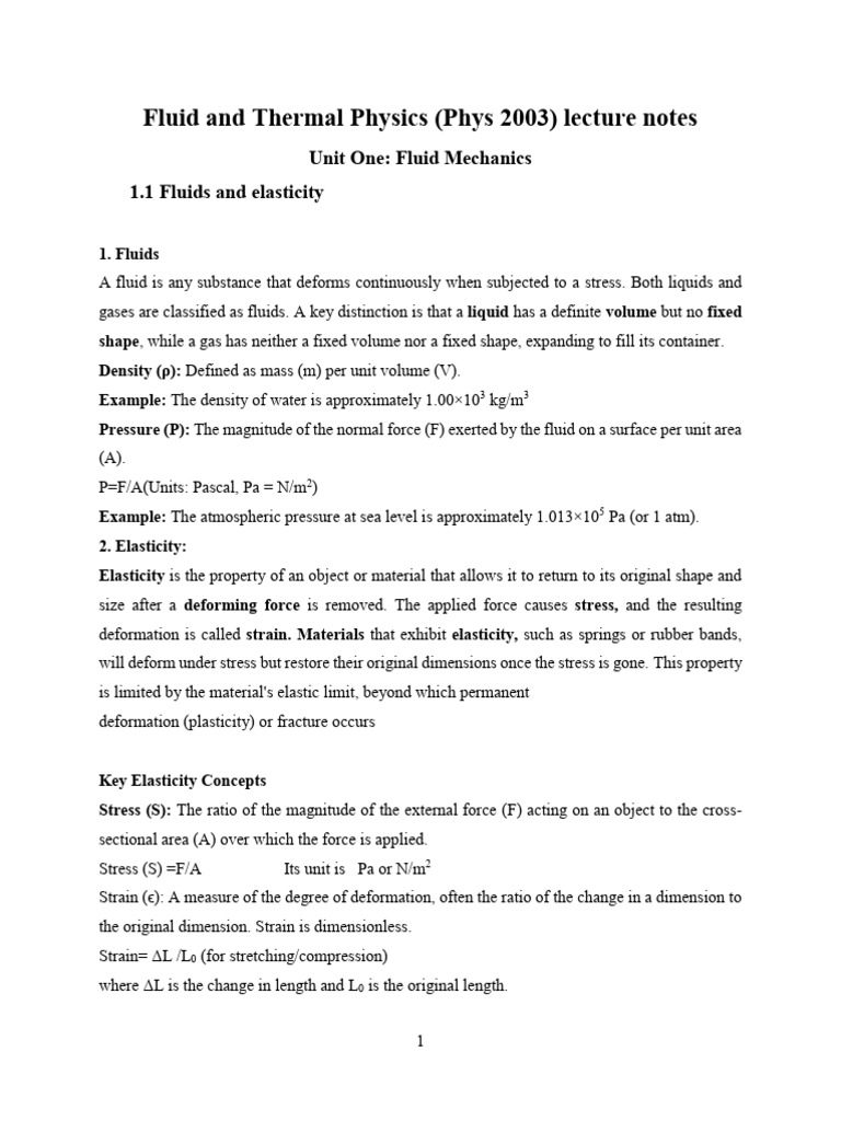 Fluid Mechanics and Elasticity Concepts | PDF | Pressure | Deformation ...