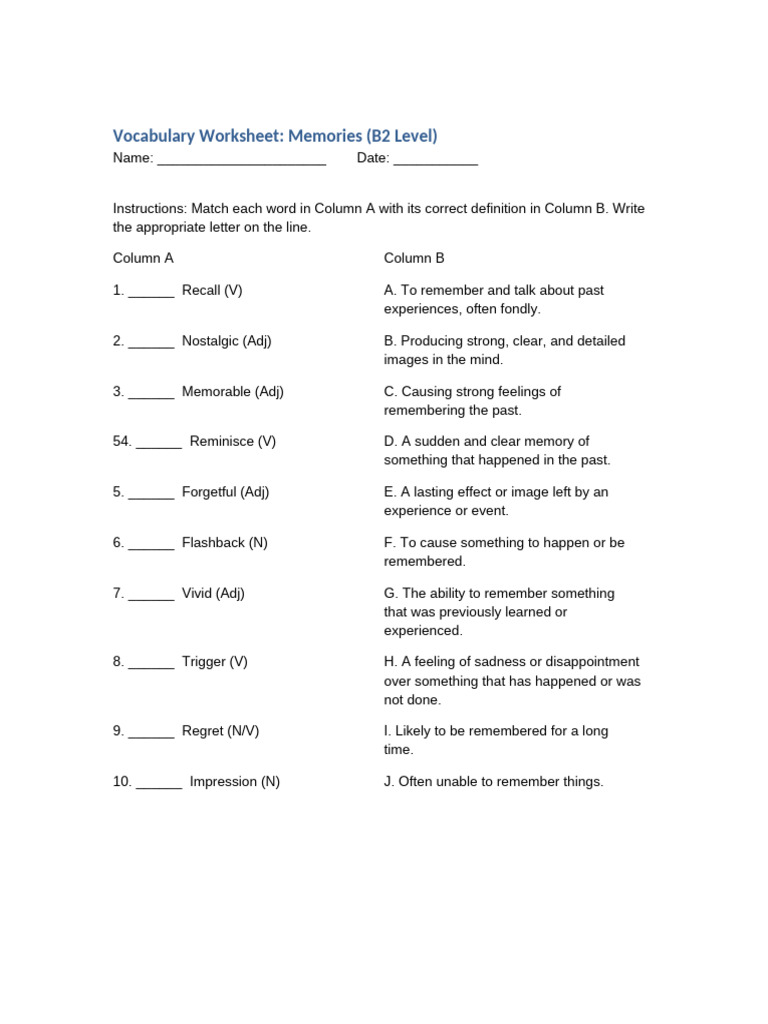Vocabulary Worksheet: Memories | PDF | Memory | Vocabulary